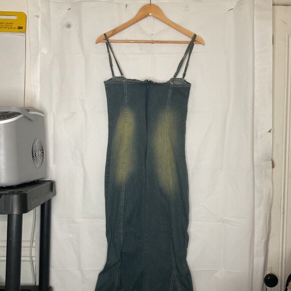 Vintage Denim Maxi Dress With Adjustable Spaghetti Straps & Rhinestone Accents - Picture 2 of 4